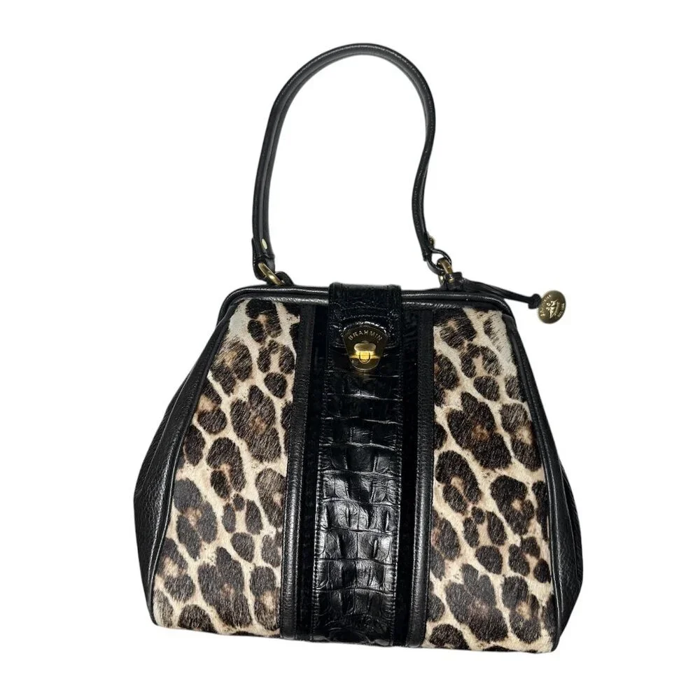 Brahmin Hobo Bag Leopard Print Pony Hair Crocodile Leather Gold Hardware Vintage